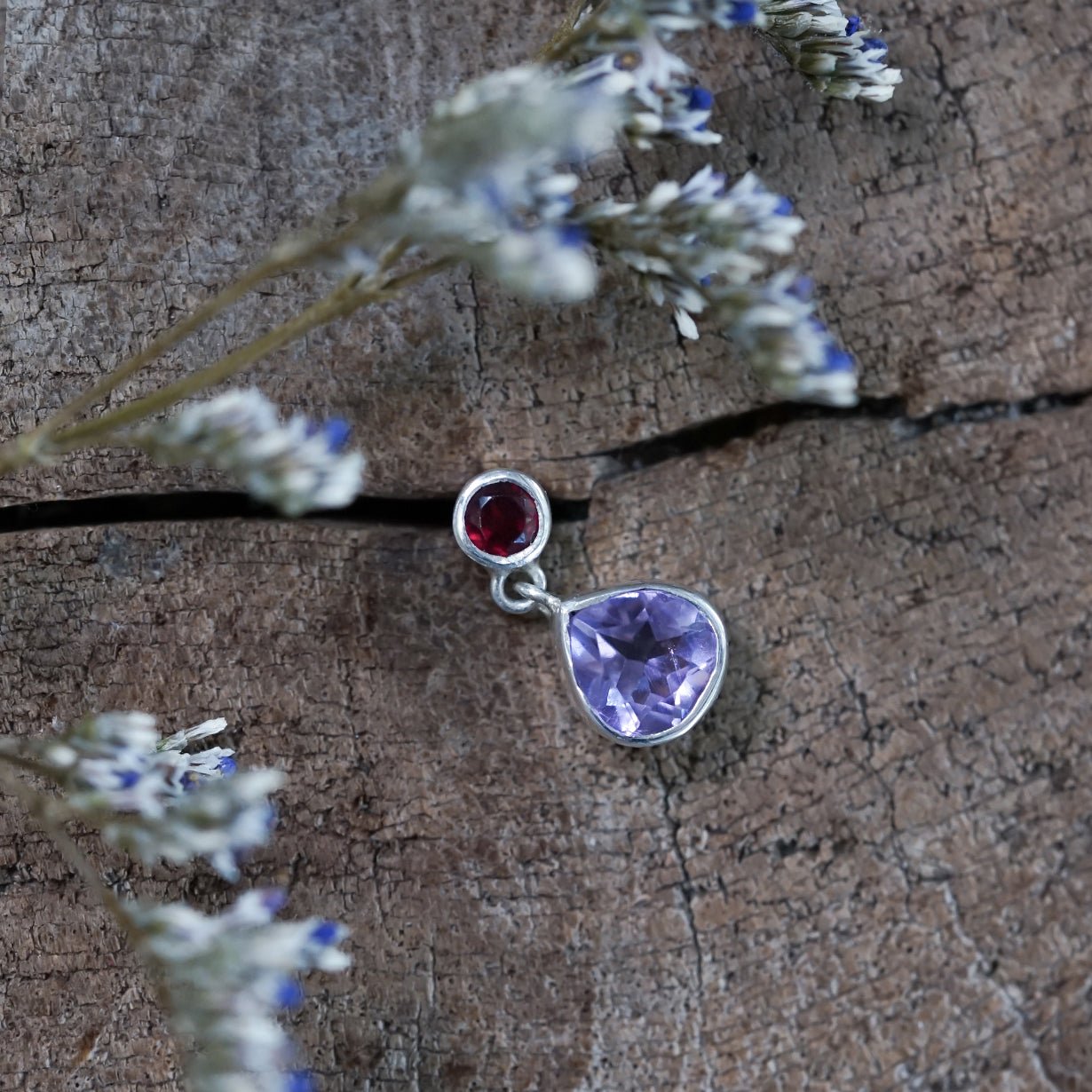 Garnet and Amethyst Dangling Earrings - Gardens of the Sun | Ethical Jewelry